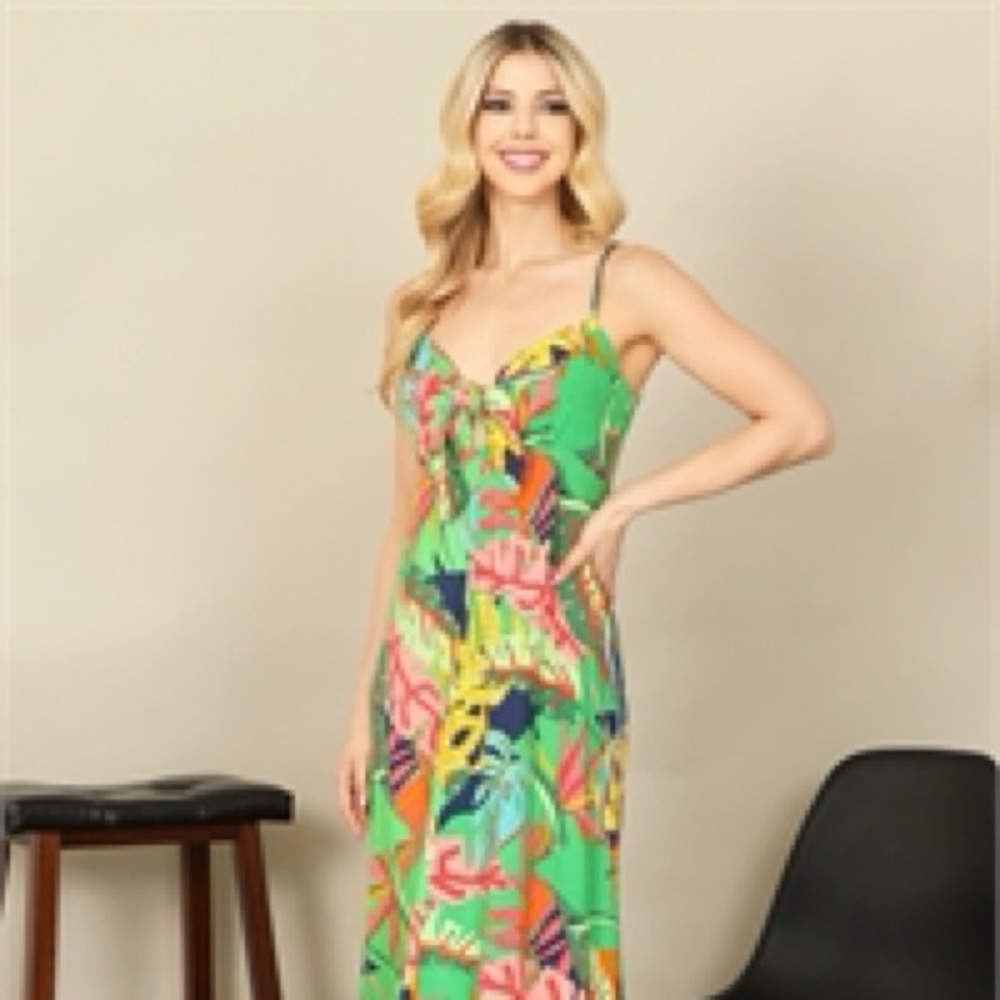 NEW ARRIVAL NWT TROPICAL MULTI SPAGHETTI STRAP FRONT KNOT MAXI DRESS